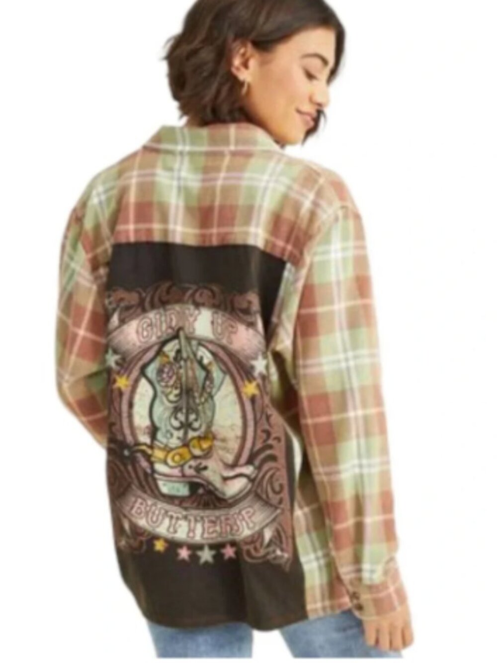 Altar'd State Giddy Up Buttercup Graphic Flannel Top Size S Western Pink Brown